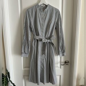 [Calvin Klein] Black and White Striped Long Sleeve Dress
